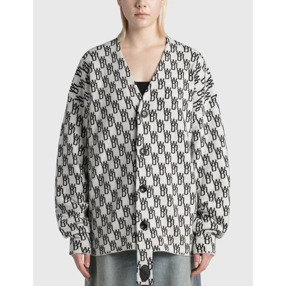 WE11DONE WD1 White Black Logo Wool Cashmere Jacquard Cardigan Sweater, Size S - Picture 1 of 16
